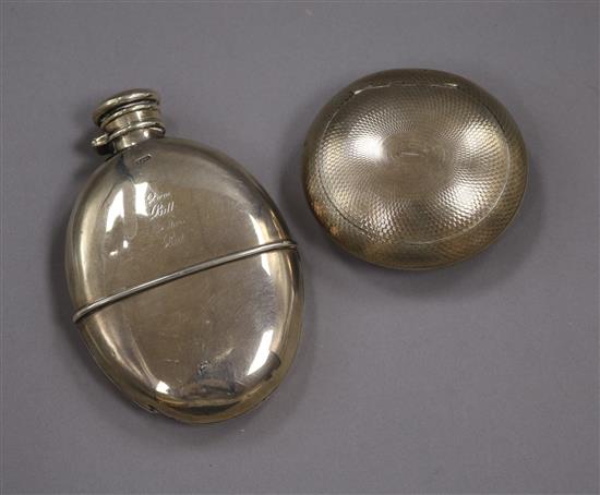 A silver hip flask (af) and a late Victorian engine turned silver tobacco box.